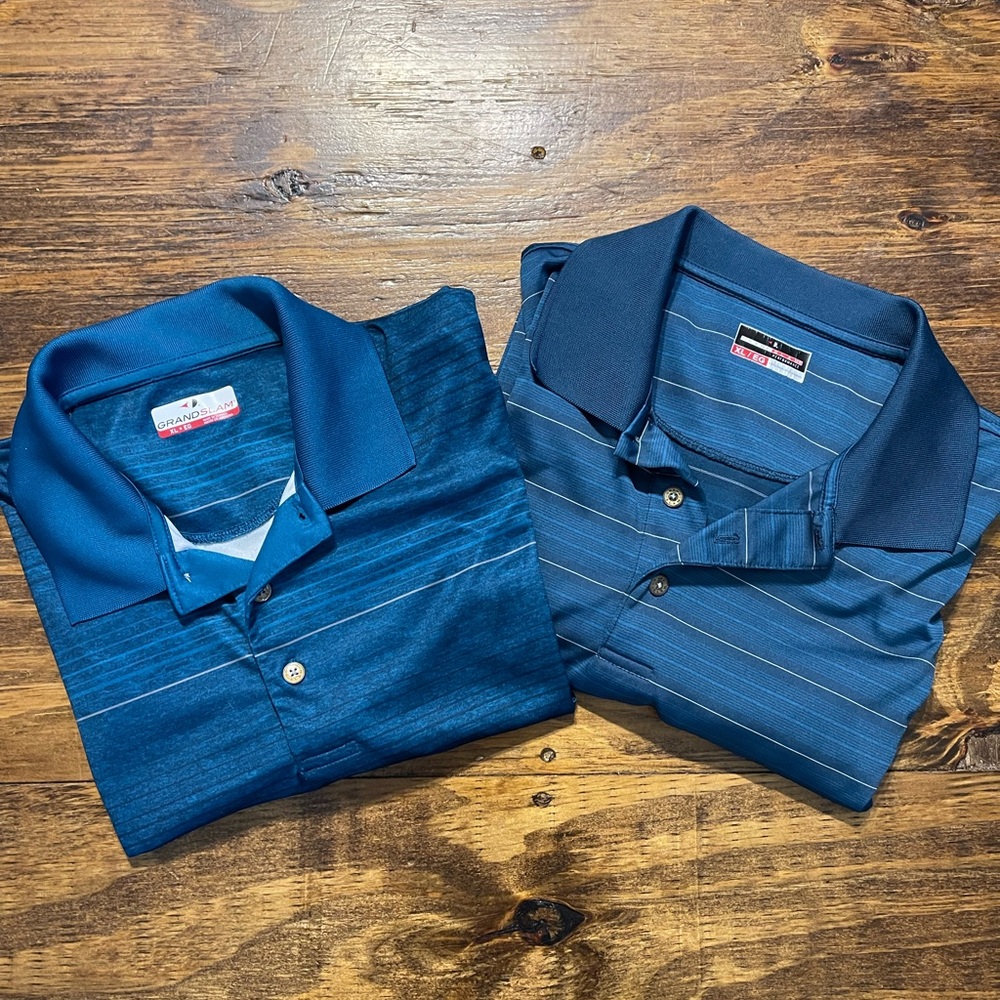 Set of 2 Grand Slam Performance Men's XL Short Sleeve Golf Polos  Blue Stripe